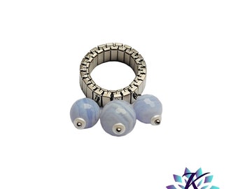 Bague Acier Ajustable Perles Pierres Gemmes : Calcédoine Bleue Dentelle