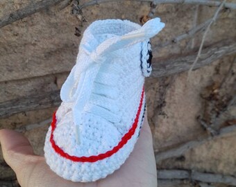 Zapatillas De Crochet Tipo Converse All Star Para Bebe En Blanco