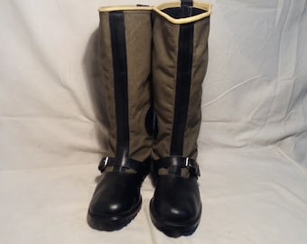 Vintage Black Leather & Green Canvas Hunting Boots - NEW