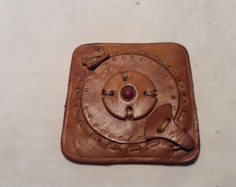 Vintage Handmade Light Brown Leather Pocket Mirror