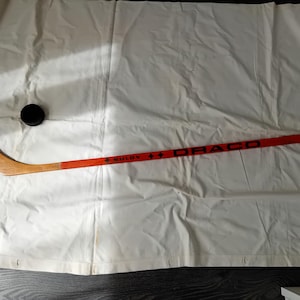 Vintage Handmade Wooden Ice Hockey Stick / Left/.Junior Size.Brand:SULOV.With a hockey puck - CZECHOSLOVAKIA