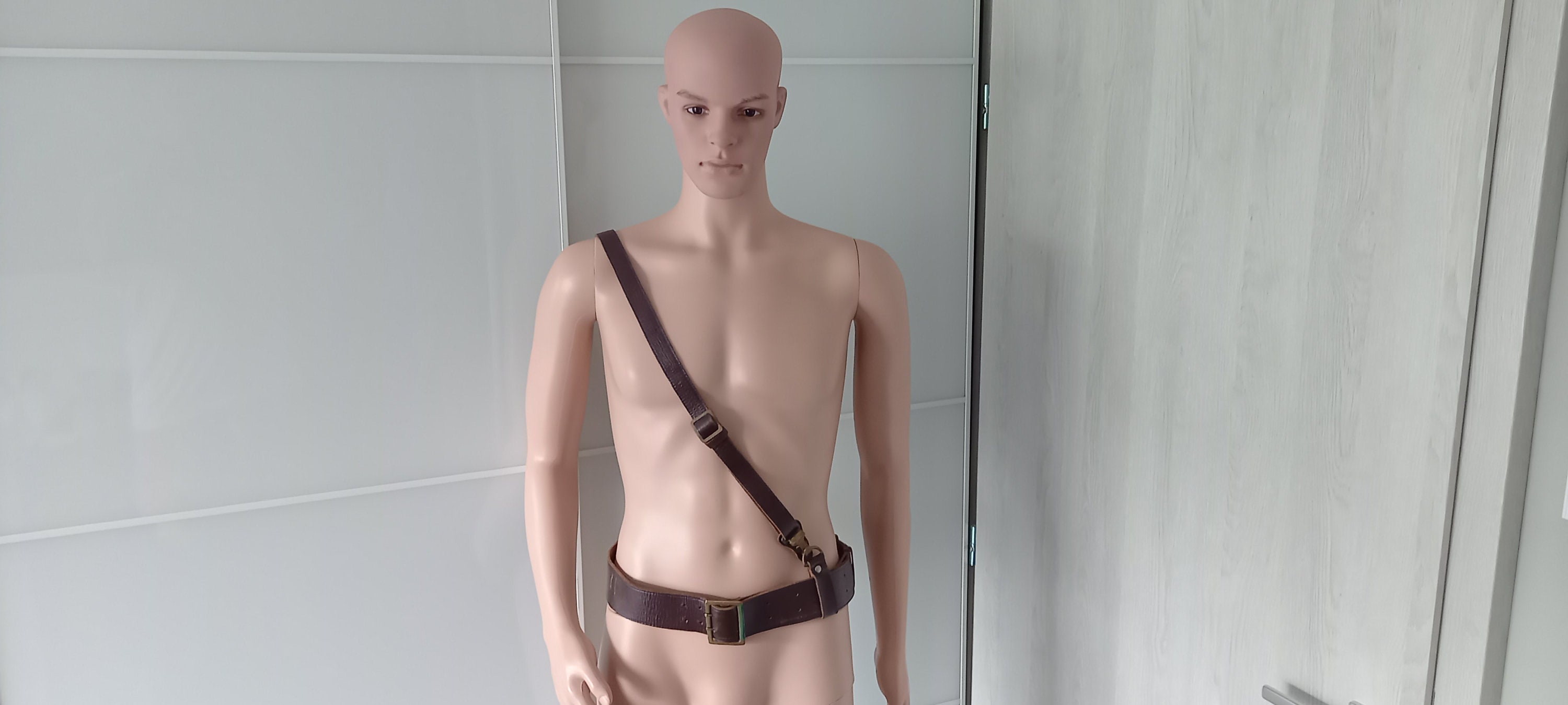 Vintage 1970's Bulgarian Army Officer's Dark Brown Leather Belt with Shoulder Belt - NEW