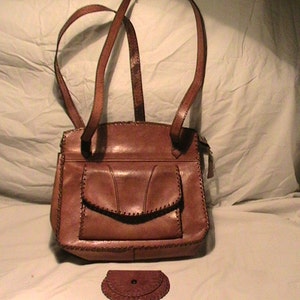 Vintage 1970's Handmade Light Brown Leather Handbag Shoulder Bag with Wallet
