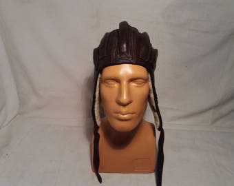 Vintage 1970's Military Dark Brown Leather Helmet - Winter Version - NEW