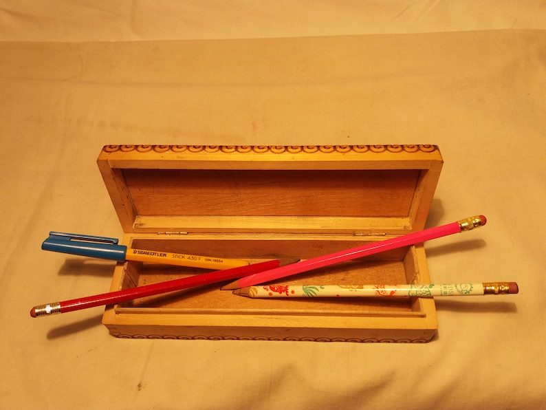 Vintage 1970/'s Handmade Wooden School Pencil Box