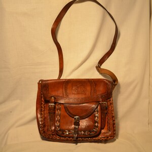 Vintage 1970's Handmade Brown Leather Handbag - Shoulder Bag