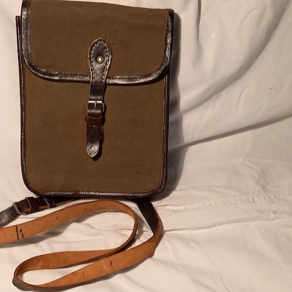 Vintage 1960's Dark Brown Leather & Canvas Officer Field Bag / Shoulder Bag / - NEW