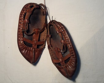 Vintage Brown Leather Traditional Bulgarian Rural Shoes