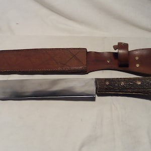 Vintage 1970's Handmade Machete with Leather Scabbard/Huge Hunting Knife - NEW