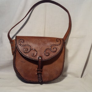 Vintage 1980's Handmade Brown Leather Handbag Shoulder Bag image 1