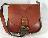 Tooled and Stitched Leather Purse in Brown Saddle Bag or Shoulder Bag with Brass Laurie Buckle from 1970