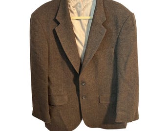Lands End Vintage Mens Brown Herringbone Lambswool Wool Blazer Jacket Size 44R