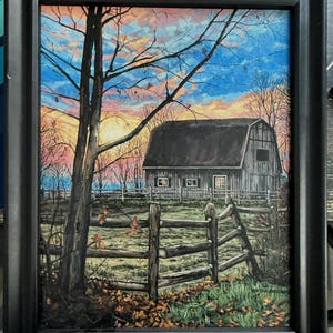 Sonnenuntergang auf dem Hühnerhof - Original Ölgemälde
