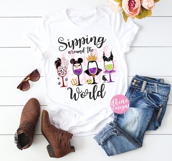 Sipping Around The World Evil Queens - Magical Drinking Shirt - Cruella Deville, Ursula, Evil Queen and Malifecent