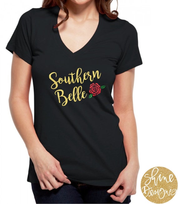 Clearance - Southern Belle - Beauty And The Beast Glitter Shirt - Magical Glitter Shirt. Black Unisex Vneck - S