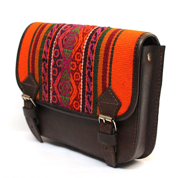 SALE 15% OFF* Ethnic Andean Handmade Brown Genuine Leather Aguayo (Bolivian Peruvian fabric) Crossbody Bag