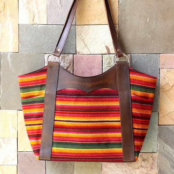 SUMMER SALE 12% OFF* Tribal Ethnic Andean Handmade Shoulder Bag - Brown Genuine Leather and Wool Aguayo (Bolivian Peruvian fabric)