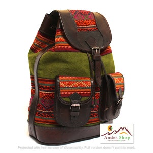 SALE 25% OFF* Ethnic Andean Handmade Brown Genuine Leather Aguayo (Bolivian Peruvian fabric) Backpack Bag