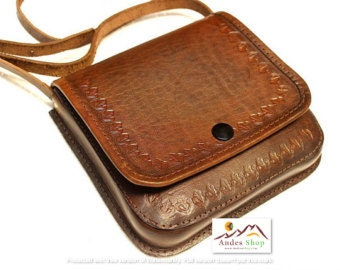 SALE 10% OFF* Ethnic Andean Handmade Brown Genuine Leather Pouch Bag