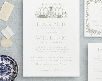 Custom Wedding Invitations Suite – Line Venue Illustration – Personalized Sketch Wedding Invite & RSVP – Luxury Stationery