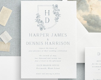 Elegant Wedding Invitation Suite: Semi-Custom Crest Design, Printed Invites