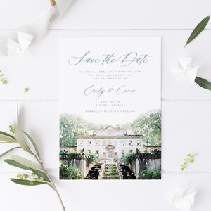 May include: Save the Date card with a watercolor illustration of a building with a fountain and greenery. The text reads "Save the Date" and "Emily & Conor".