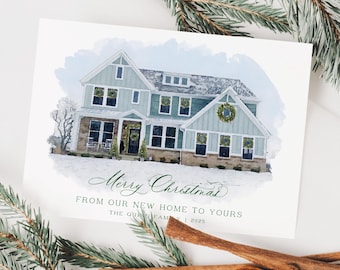 Custom Watercolor House Christmas Card • New Home Holiday Card • Personalized First Christmas in Our New Home • Painted House Portrait Card