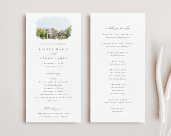 Custom Wedding Program, Watercolor Wedding Program, Printed Wedding Program, Watercolor Venue Wedding Program, Wedding Ceremony Program