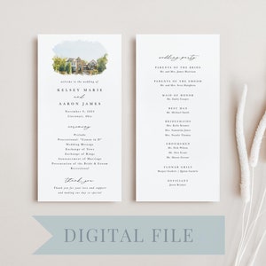 May include: A wedding ceremony programme with a watercolour illustration of a house. The programme includes the names Kelsey Marie and Aaron James, the date 5th November 2023, and the ceremony order. The wedding party is listed on the right side of the programme.