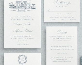 Custom Wedding Invitations Suite – Line Venue Illustration – Personalized Sketch Wedding Invite & RSVP – Luxury Stationery