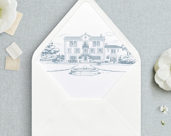 Custom Envelope Liner, Add Own Photo to Envelope Liner, Custom Venue Sketch Envelope Liner, Venue Line Drawing Envelope Liner