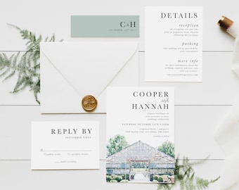 Custom Watercolor Venue Painting Wedding Invitation Suite, Custom Wedding Venue Illustration, Wedding Invitation Set