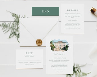 Custom Wedding Invitations Suite – Watercolor Venue Illustration – Personalized Wedding Invite & RSVP – Luxury Stationery