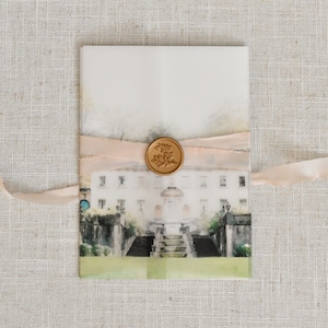 Custom Vellum Invitation Jacket Vellum Wrap for Invitations, with Watercolor Venue Portrait Wedding Suite, Custom Illustration