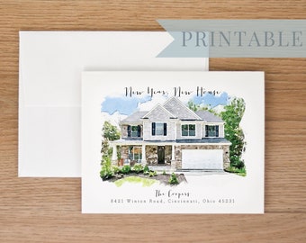 Moving Announcement, Change of Address Card, New Address Card, New House Card, Custom House Watercolor Portrait, Digital or Print