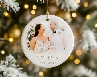 Our First Christmas Married Photo Ornament: watercolor wedding photo Christmas ornament