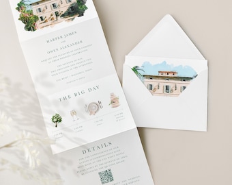 Watercolor Venue Wedding Invitation: Custom Trifold All In One Design