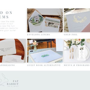 May include: A collection of wedding stationery add-ons, including envelope liners, gold foil, guest addressing, guest book alternative, and menus and programs. The text "ADD ON ITEMS" is at the top of the image. The text "please see the add ons section in our shop to see the full list of add on items to complete your suite!" is below the title. The text "KINDLY DELIVER TO" is on a white envelope. The text "ENVELOPE LINERS", "GOLD FOIL", "GUEST ADDRESSING", "GUEST BOOK ALTERNATIVE", and "MENUS & PROGRAMS" are below the images. The text "FAT RABBIT DESIGNS" is at the bottom of the image.