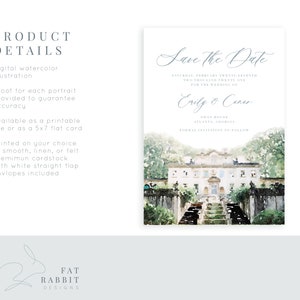 May include: Save the Date card with a watercolor illustration of a white building with a fountain and greenery. The text reads "Save the Date" and "Saturday, February Twenty Seventh Two Thousand Twenty One for the Wedding of Emily & Conor Swan House Atlanta, Georgia Formal Invitation to Follow."