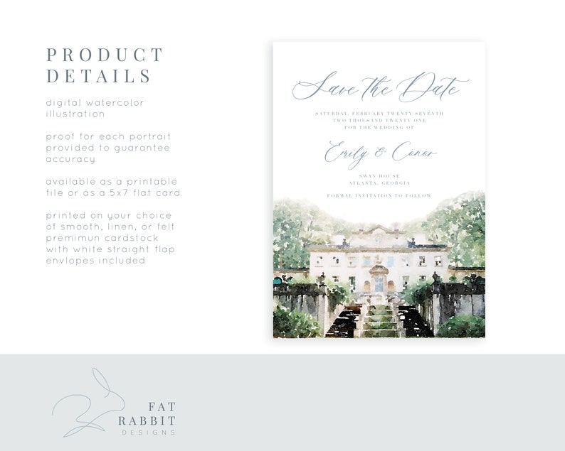 May include: Save the Date card with a watercolor illustration of a white building with a fountain and greenery. The text reads "Save the Date" and "Saturday, February Twenty Seventh Two Thousand Twenty One for the Wedding of Emily & Conor Swan House Atlanta, Georgia Formal Invitation to Follow."