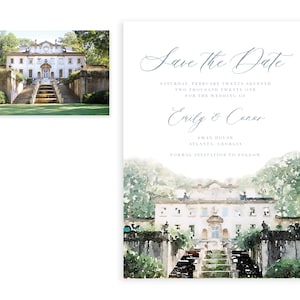 May include: Save the Date card with a watercolor illustration of a white mansion with a grand staircase. The text reads "Save the Date, Saturday, February Twenty-Seventh, Two Thousand Twenty One, For the Wedding of Emily & Conor, Swan House, Atlanta, Georgia, Formal Invitation to Follow."