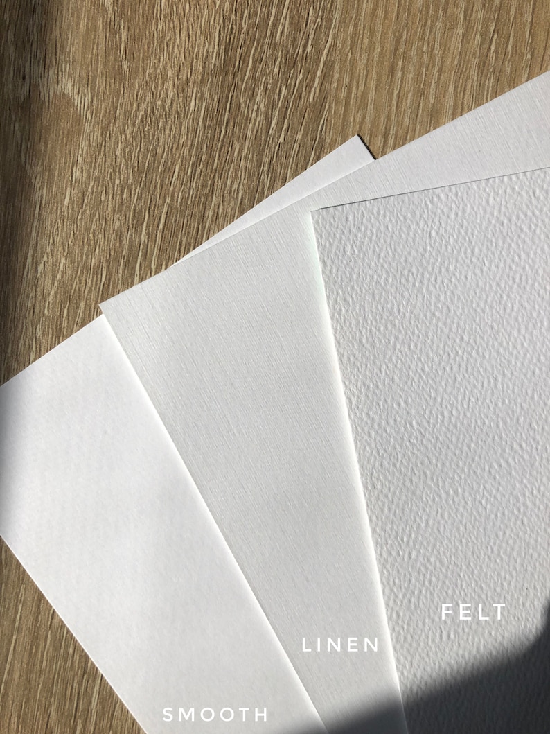 May include: Close-up of three white paper samples with different textures: smooth, linen, and felt. The paper samples are labeled with their respective textures.