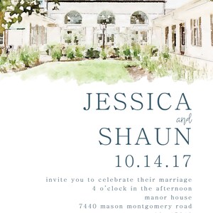 May include: A watercolor illustration of a wedding invitation for Jessica and Shaun. The invitation is for their wedding on October 14, 2017, at 4:00 PM at the Manor House, 7440 Mason Montgomery Road, Mason, Ohio 45040. A reception will follow.