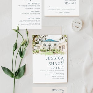 May include: Wedding invitation suite with a watercolor illustration of a building with a white roof and green trees. The invitation is for Jessica and Shaun, with the date 10.14.17. The reception will be held at the Manor House, 7440 Mason Montgomery Road, Mason, Ohio 45040.