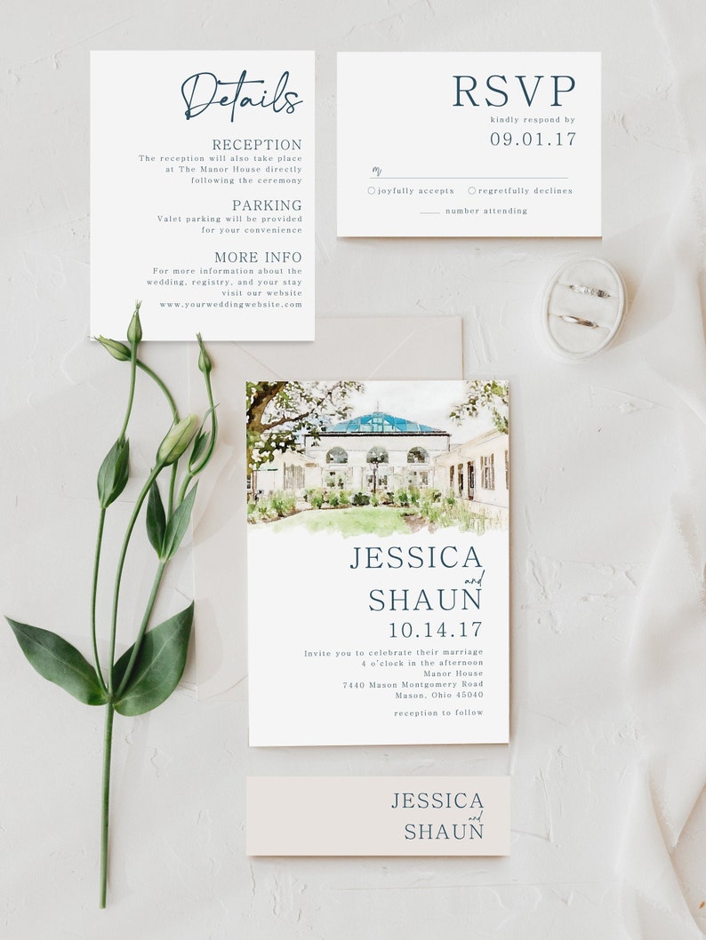 May include: Wedding invitation suite with a watercolor illustration of a building with a white roof and green trees. The invitation is for Jessica and Shaun, with the date 10.14.17. The reception will be held at the Manor House, 7440 Mason Montgomery Road, Mason, Ohio 45040.