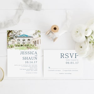 May include: Wedding invitation with a watercolor illustration of a building and the text "Jessica and Shaun 10.14.17" and a matching RSVP card with the text "RSVP kindly respond by 09.01.17".