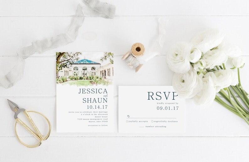 May include: Wedding invitation with a watercolor illustration of a building and the text "Jessica and Shaun 10.14.17" and a matching RSVP card with the text "RSVP kindly respond by 09.01.17".