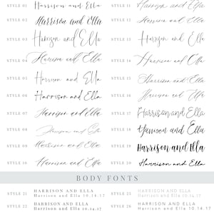 May include: A chart showing 28 different script and body font styles for the names Harrison and Ella. The font styles are numbered from 1 to 28. Each style is shown with the names Harrison and Ella written in the font.
