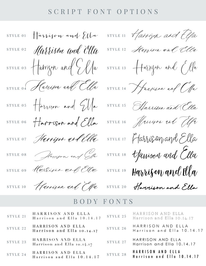 May include: A chart showing 28 different script and body font styles for the names Harrison and Ella. The font styles are numbered from 1 to 28. Each style is shown with the names Harrison and Ella written in the font.