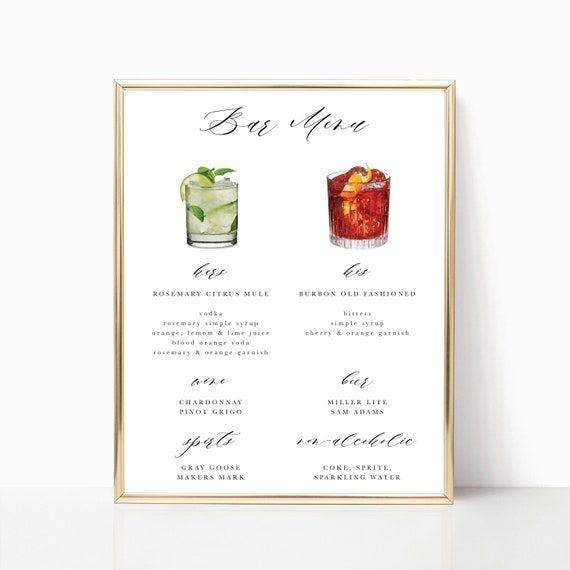 Signature Drink Cocktail Sign Wedding Bar Menu Printable Bar Etsy